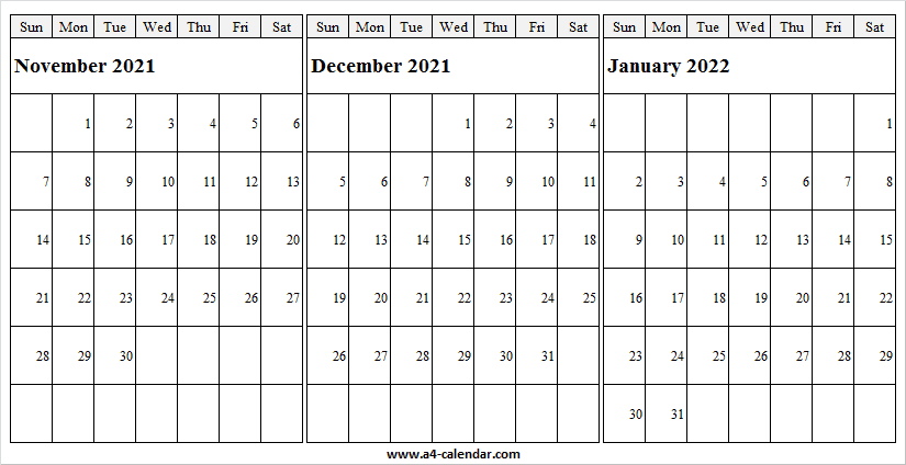 November 2021 To January 2022 Calendar Blank - A4 Calendar November December January 2021 Calendar
