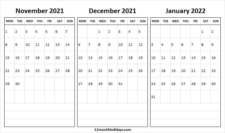 November 2021 To January 2022 Printable Calendar | Pinterest 3 Month Calendar November December January 2021