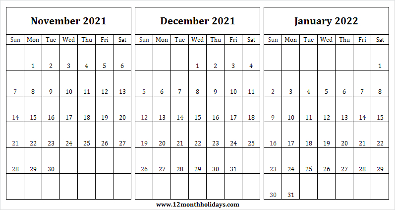 November 2021 To January 2022 Printable Calendar | Pinterest November December 2021 Calendar