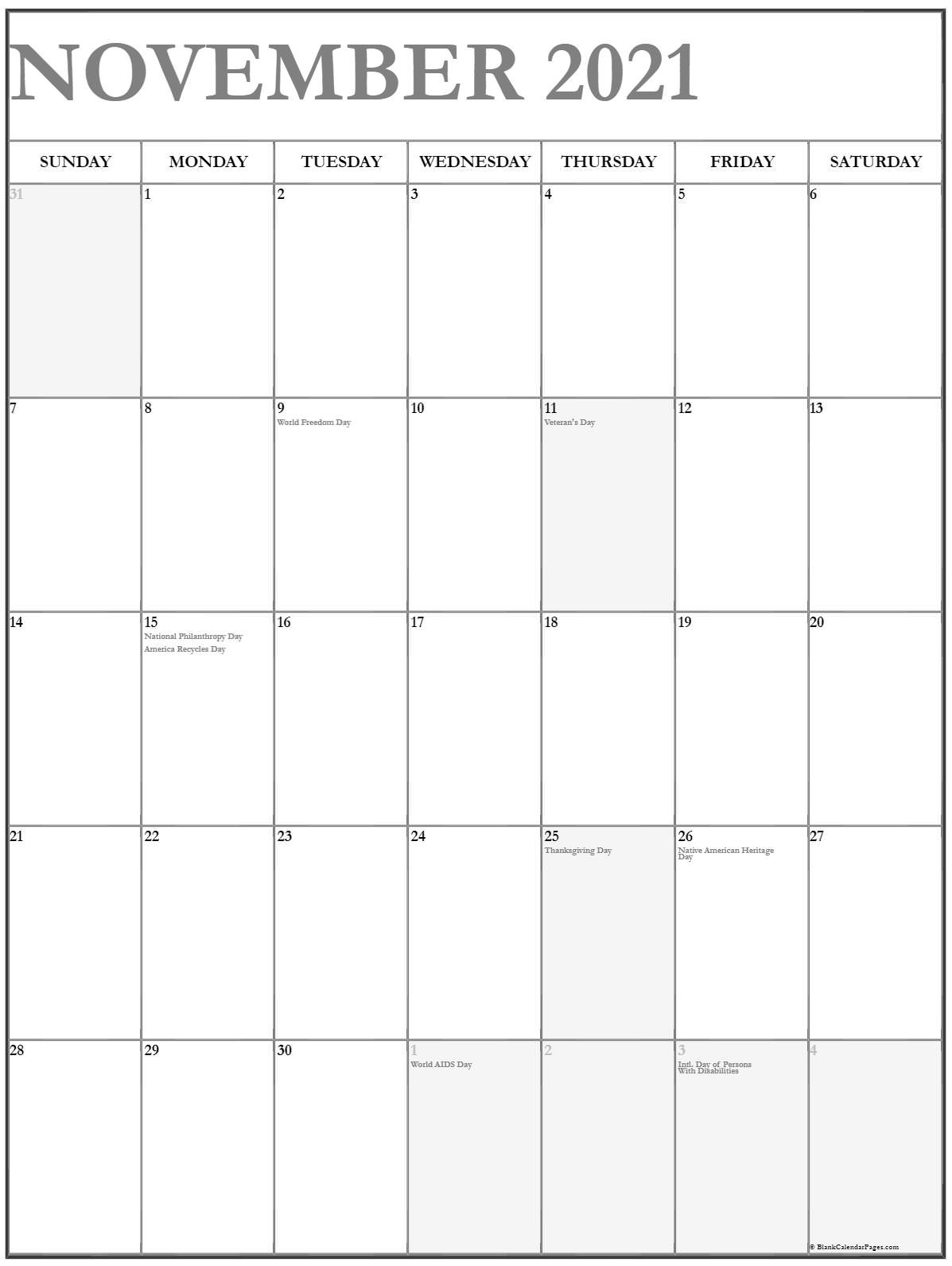 November 2021 Vertical Calendar | Portrait November 2021 Calendar With Holidays Usa