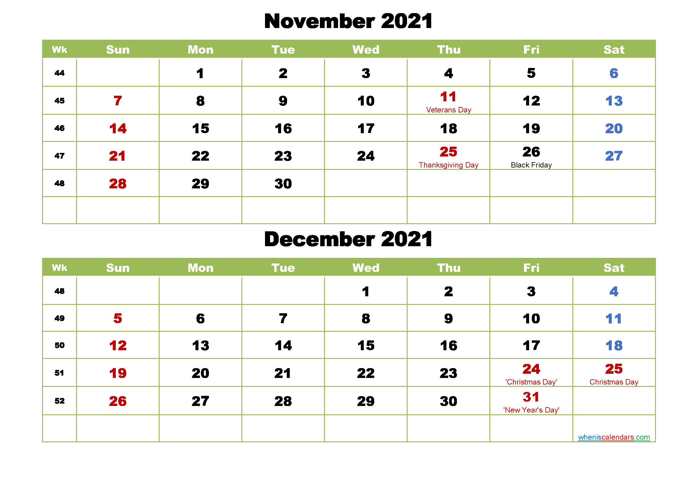 November And December 2021 Calendar With Holidays November And December 2021 Calendar