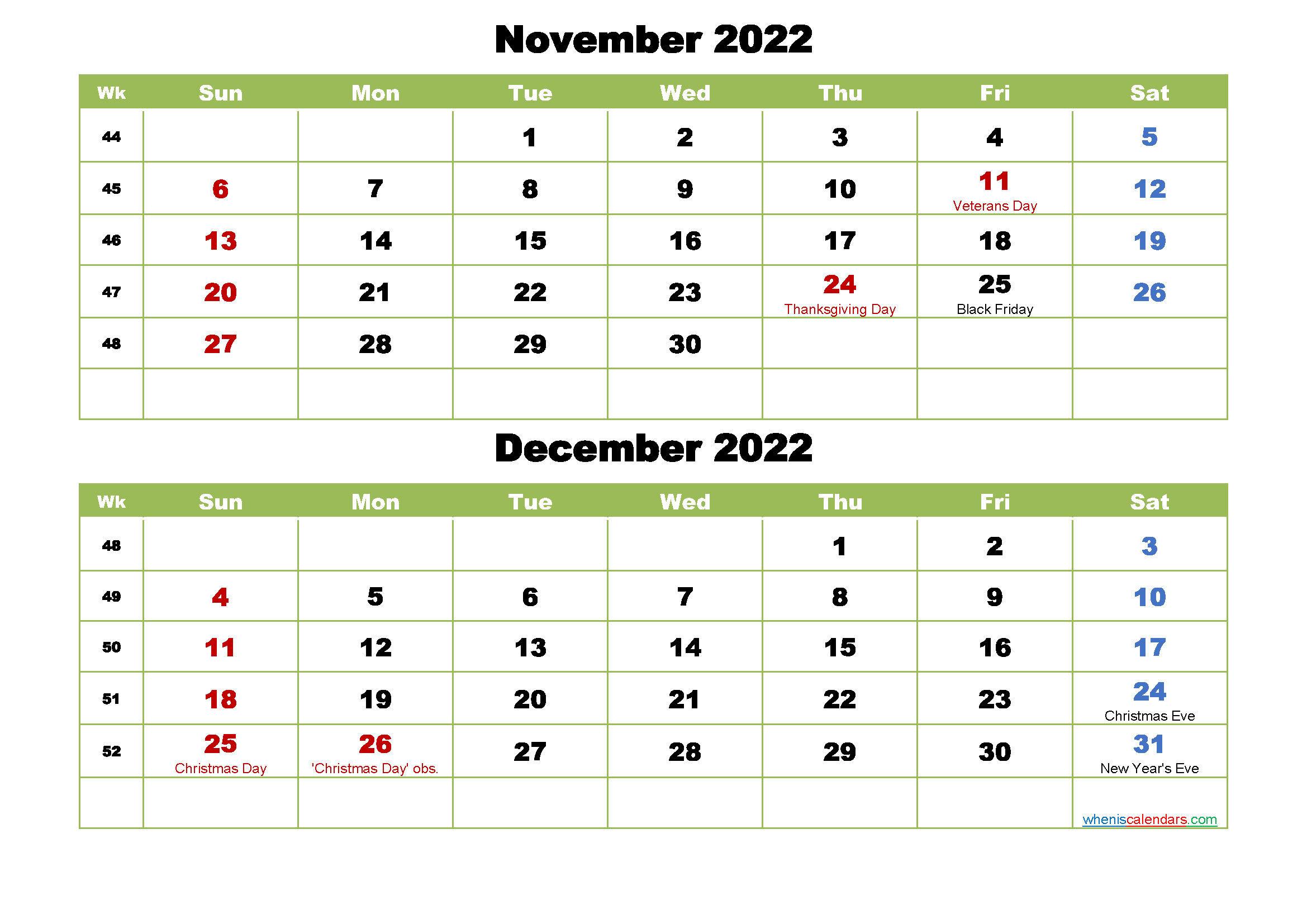 November And December 2022 Calendar With Holidays - Free December To February Calendar 2021