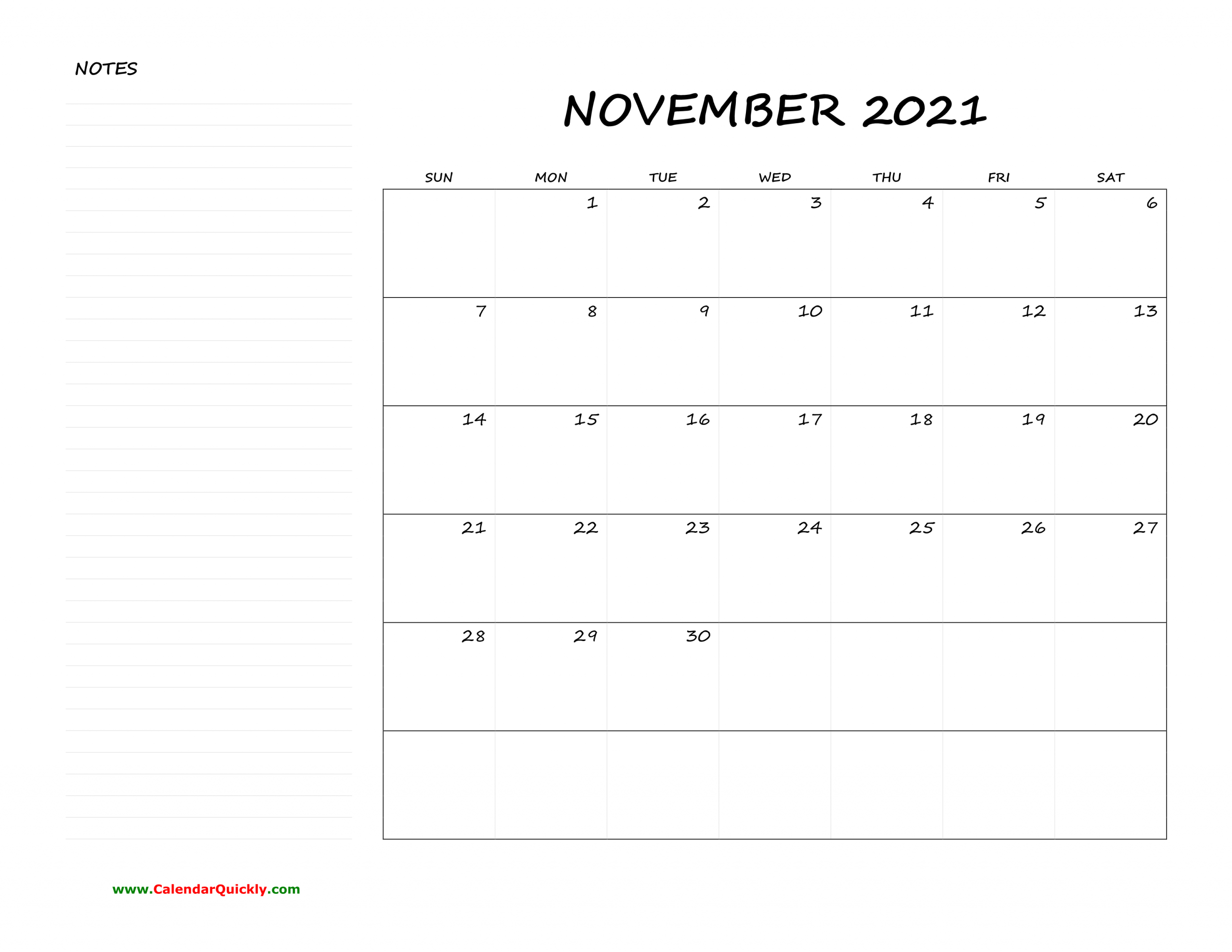 November Blank Calendar 2021 With Notes | Calendar Quickly Blank November 2021 Calendar