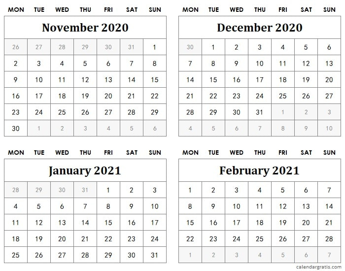 November December 2020 Calendar Template | January December 2020 Jan 2021 Calendar