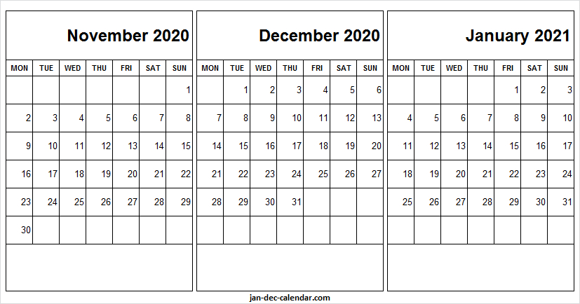 November December 2020 January 2021 Calendar - Blank December 2020 January February 2021 Calendar