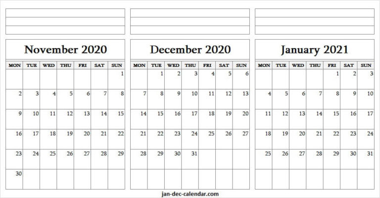 November December 2020 January 2021 Calendar - Blank November 2020 Through January 2021 Calendar