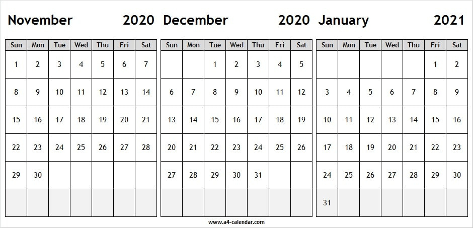 November December 2020 To January 2021 Calendar - A4 Calendar December 2020 January February 2021 Calendar