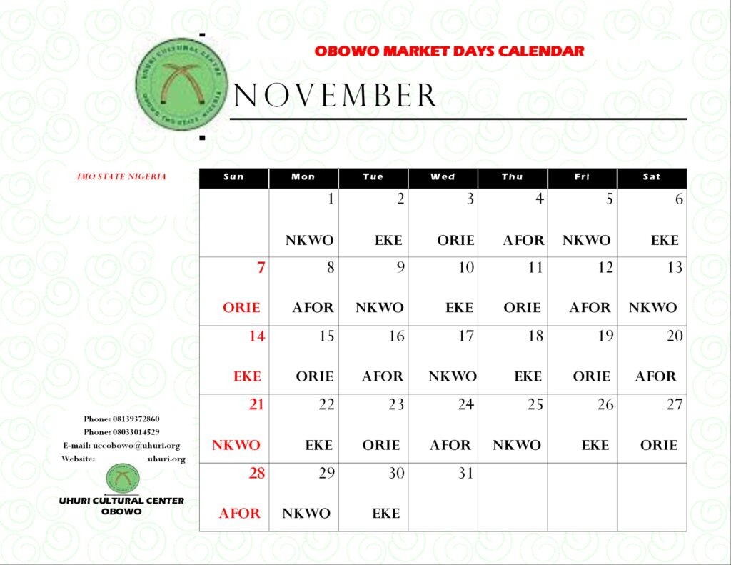 Obowo/Igbo Market Calendar - Uhuri Igbo Calendar For December 2021