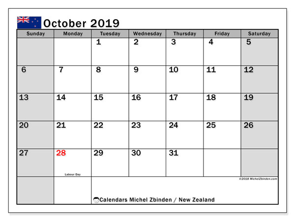 October 2019 Calendar, New Zealand - Michel Zbinden En November 2021 Calendar Nz