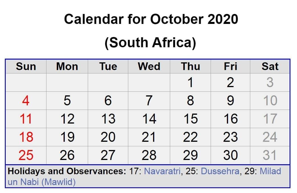 October 2020 South Africa Calendar With Holidays | Holiday December 2020 January 2021 Calendar South Africa