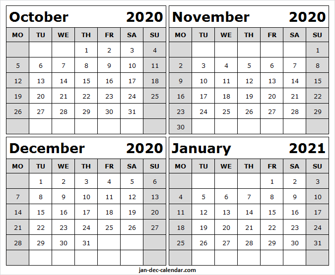 October 2020 To January 2021 Calendar Free - Four Month December 2020 January February 2021 Calendar