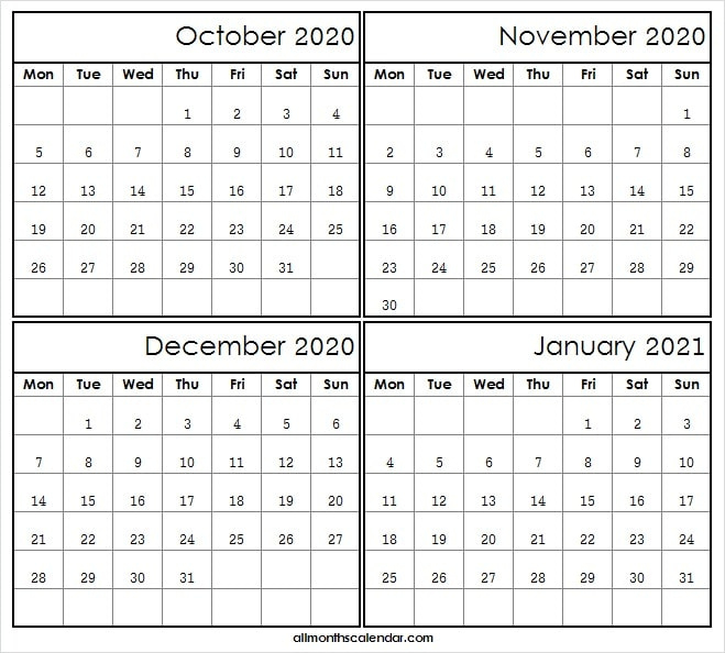 October 2020 To January 2021 Calendar Template - Four December 2020 Calendar January 2021 Calendar