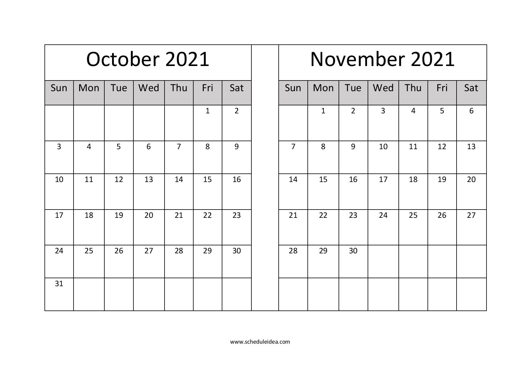 October And November 2021 Printable Calendar (2 Months) November 2021 Calendar Events