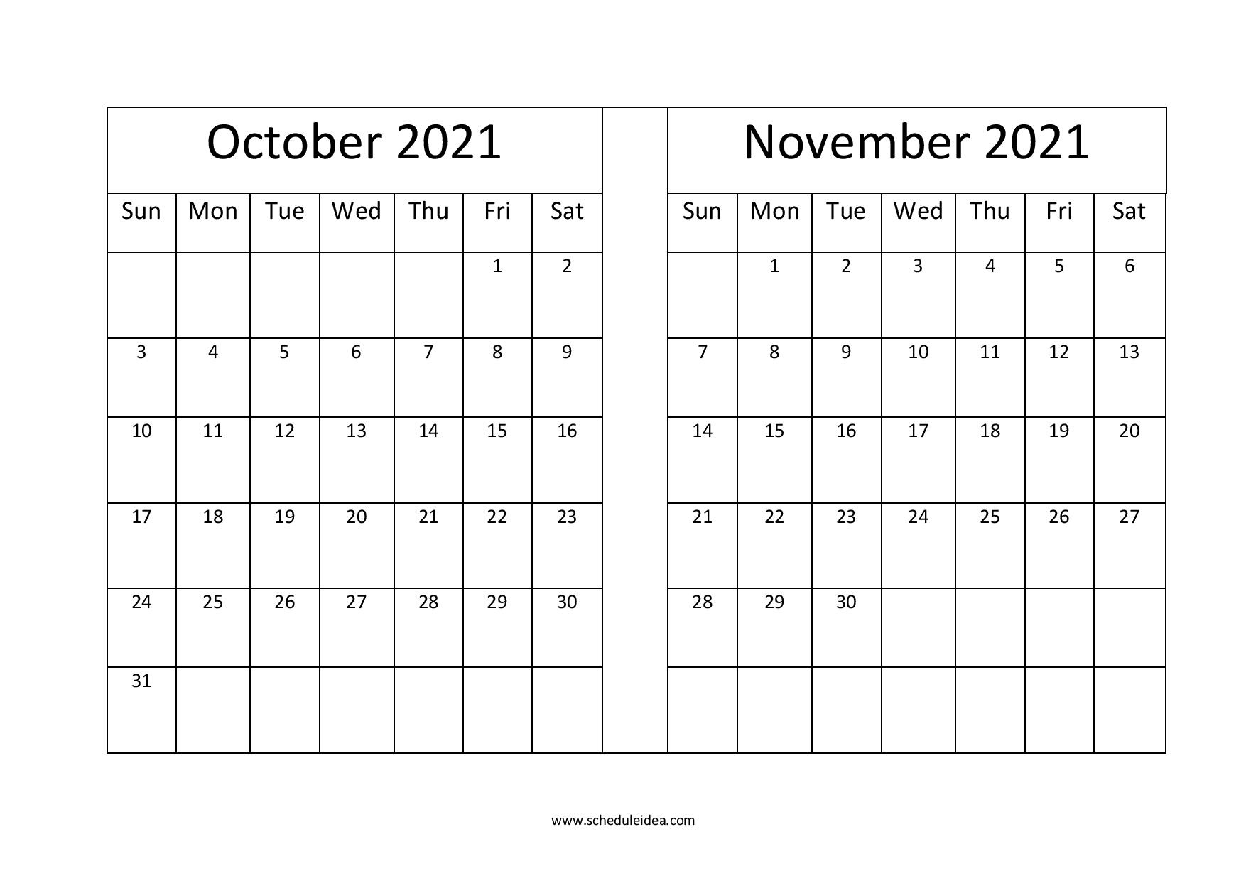 October And November 2021 Printable Calendar (2 Months) November 2021 Calendar Xl
