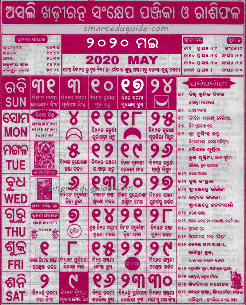 Odia Calendar May 2020 | Seg Oriya Calendar December 2021