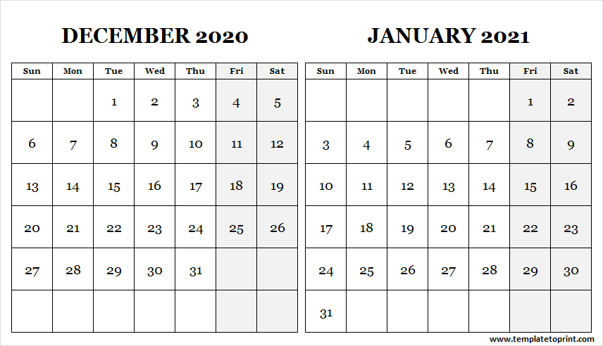 Print Calendar December 2020 January 2021 - Free Blank December 2020 And January 2021 Calendar
