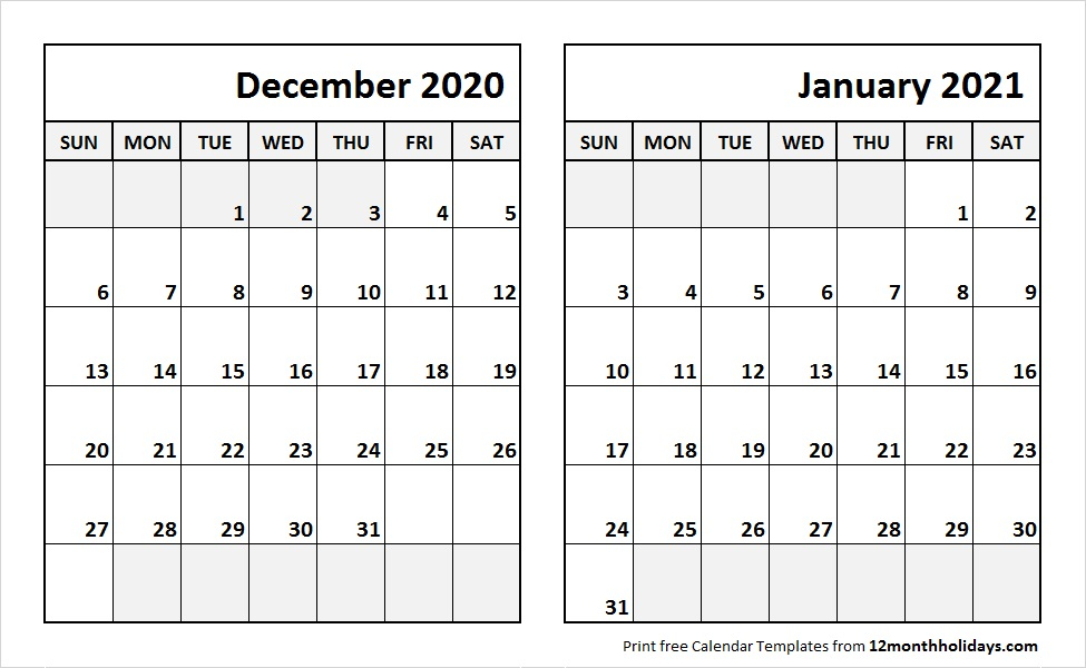 Print December 2020 January 2021 Calendar Template | 2 2021 Calendar From January To December