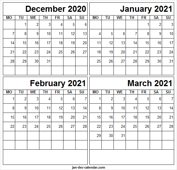 Print December 2020 To March 2021 Calendar - Four Month December 2020 January February 2021 Calendar