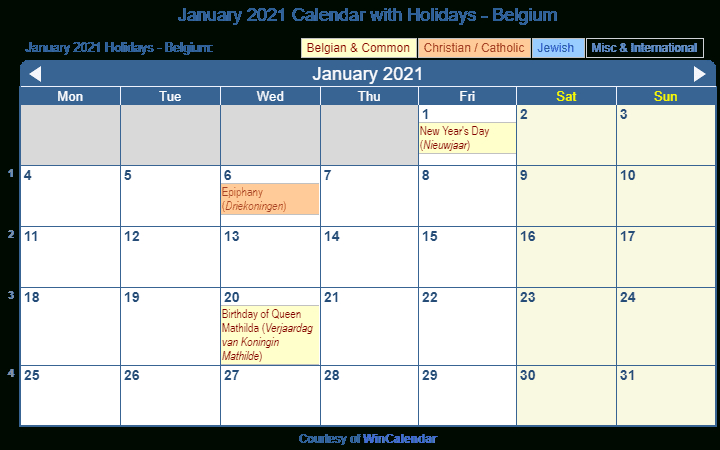 Print Friendly January 2021 Belgium Calendar For Printing January To December 2021 Calendar With Holidays