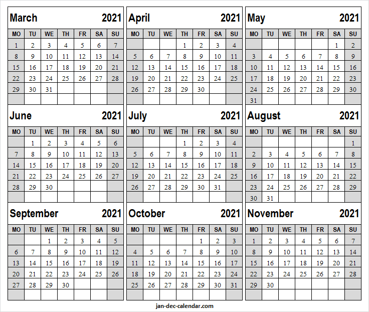 Print March To November 2021 Calendar - Planner Template November 2021 Calendar Canada