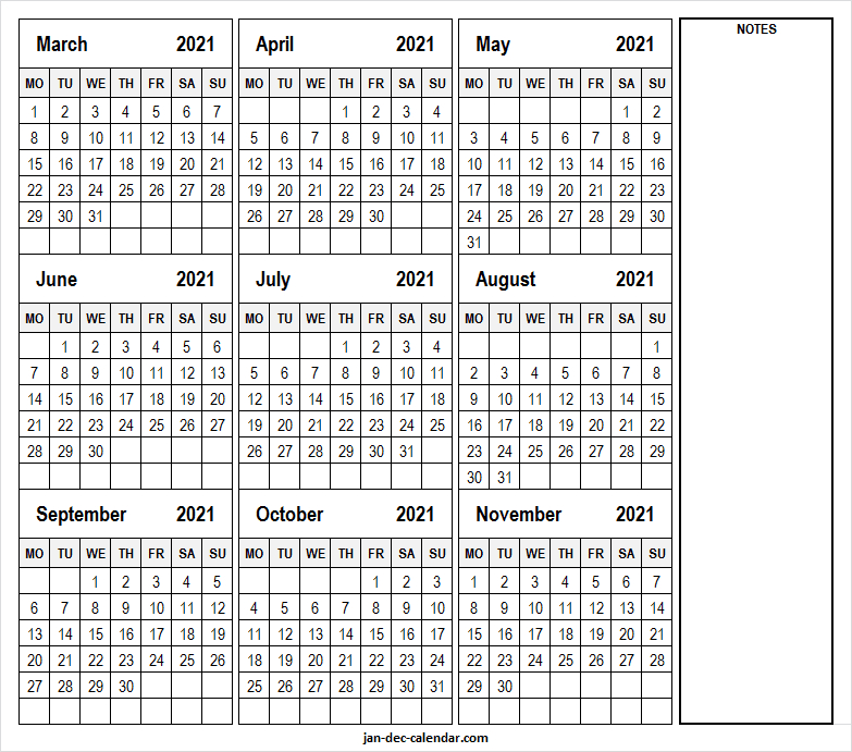 Print March To November 2021 Calendar - Planner Template With Notes November 2021 Calendar Uk