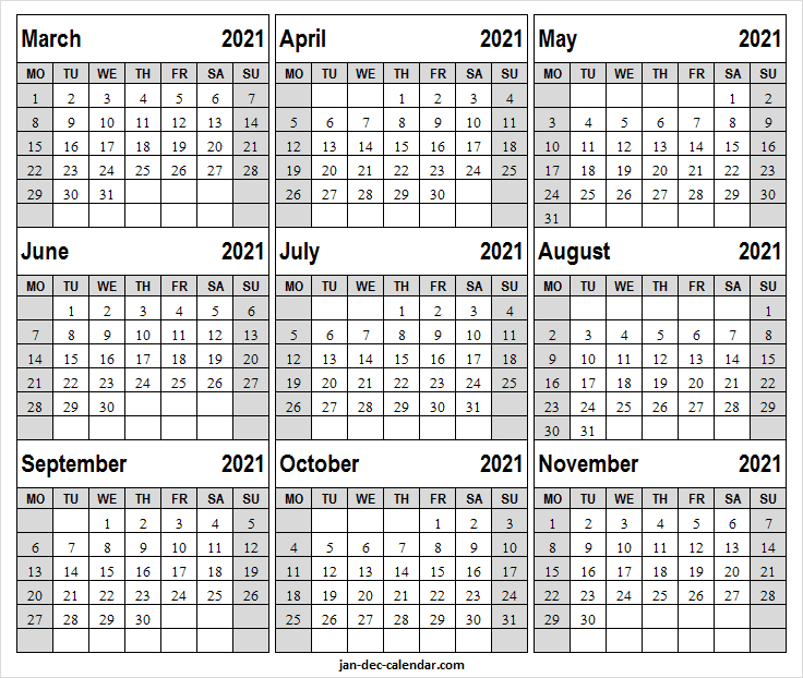 Print March To November 2021 Calendar - Planner Template With Notes November 2021 Calendar Uk