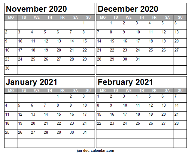 Print November 2020 To February 2021 Calendar - Month Of Calendar November 2020 Through April 2021
