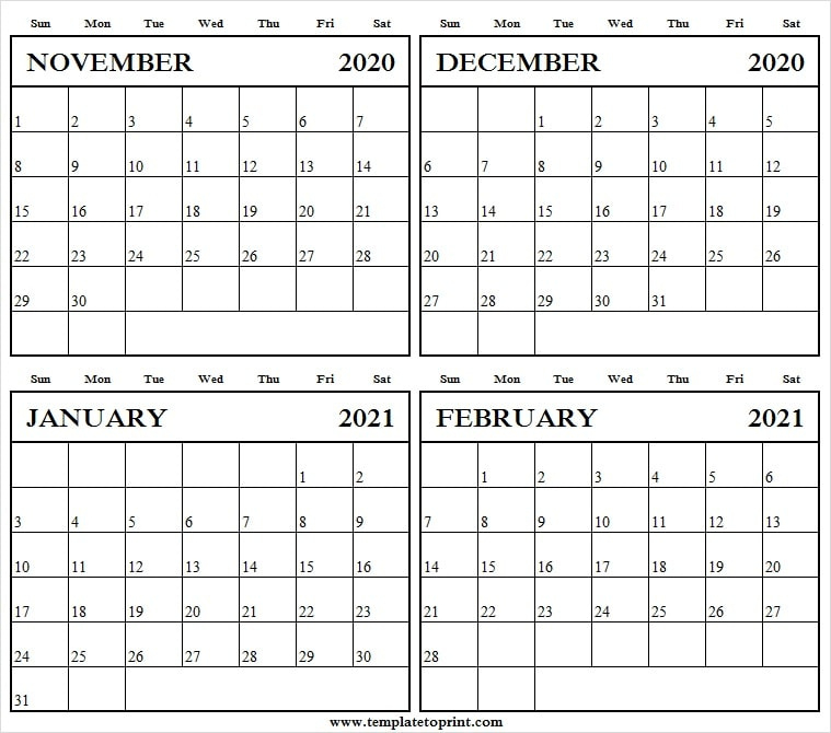 Print November 2020 To February 2021 Calendar - Month Of November 2020 - January 2021 Calendar