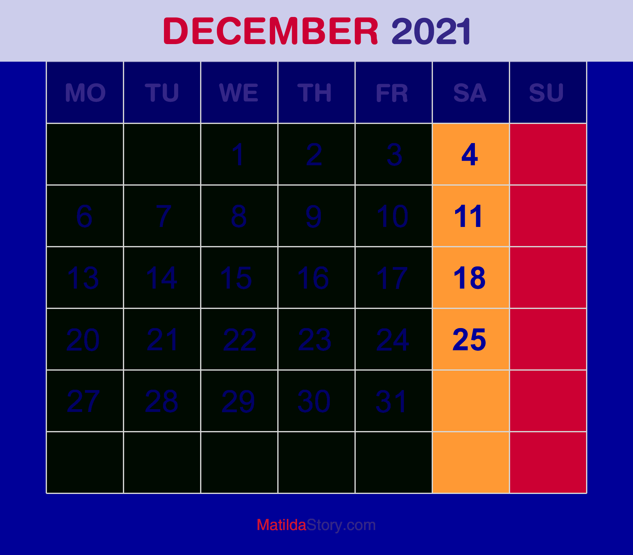 Printable 2021 Calendar Monthly | Free Letter Templates December 2021 Monthly Calendar