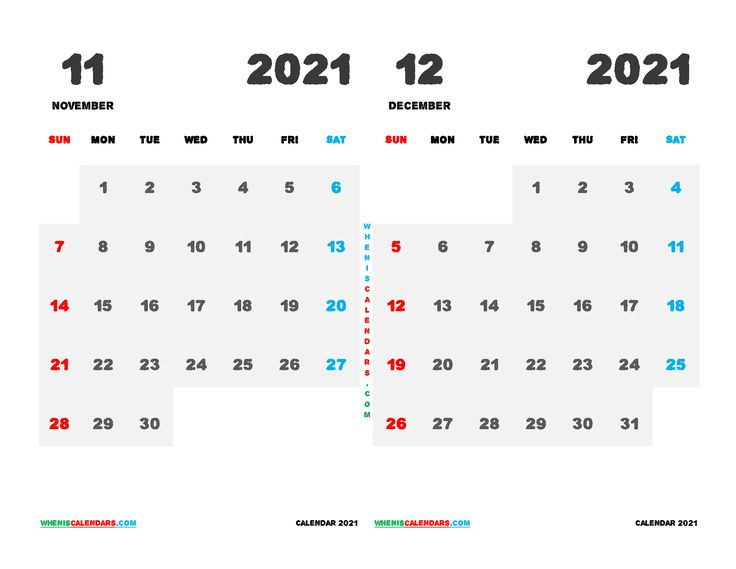 Printable Calendar 2021 November December (12 Templates 3 Month Calendar November December January 2021