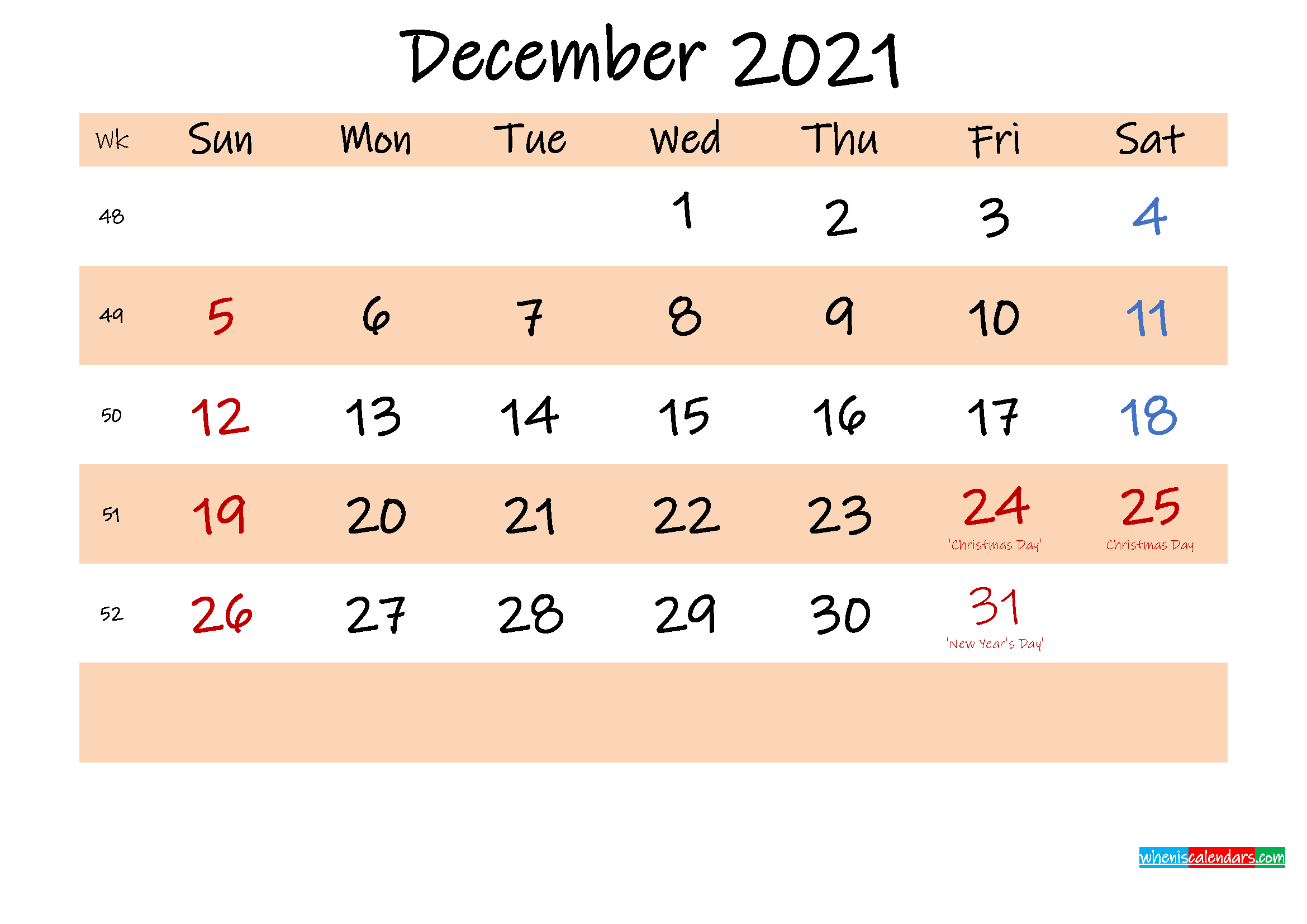 Printable Calendar December 2021 - Template No.ink21M564 December 2021 Monthly Calendar