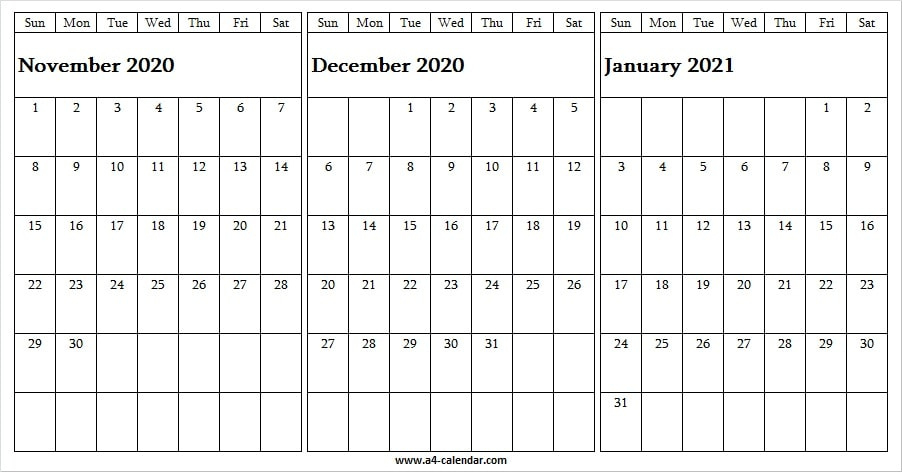 Printable Calendar November 2020 To January 2021 November December January 2021 Calendar