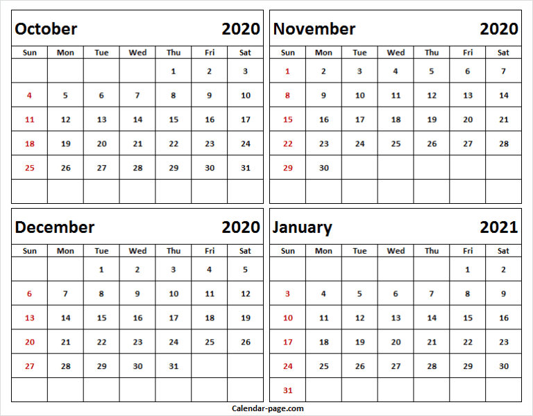 Printable Calendar October November December 2020 And November 2020 To February 2021 Calendar