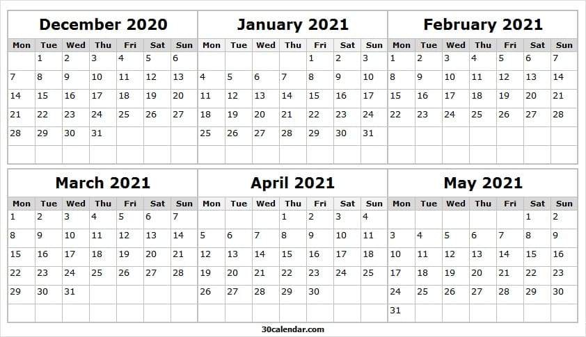 Printable December 2020 To May 2021 Calendar - Six Month Printable Calendar For December 2020 And January 2021
