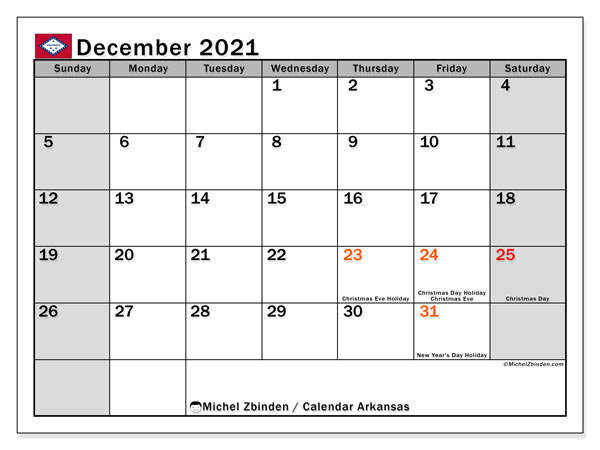 Printable December 2021 &quot;Arkansas&quot; Calendar - Michel December 2021 Calendar With Holidays