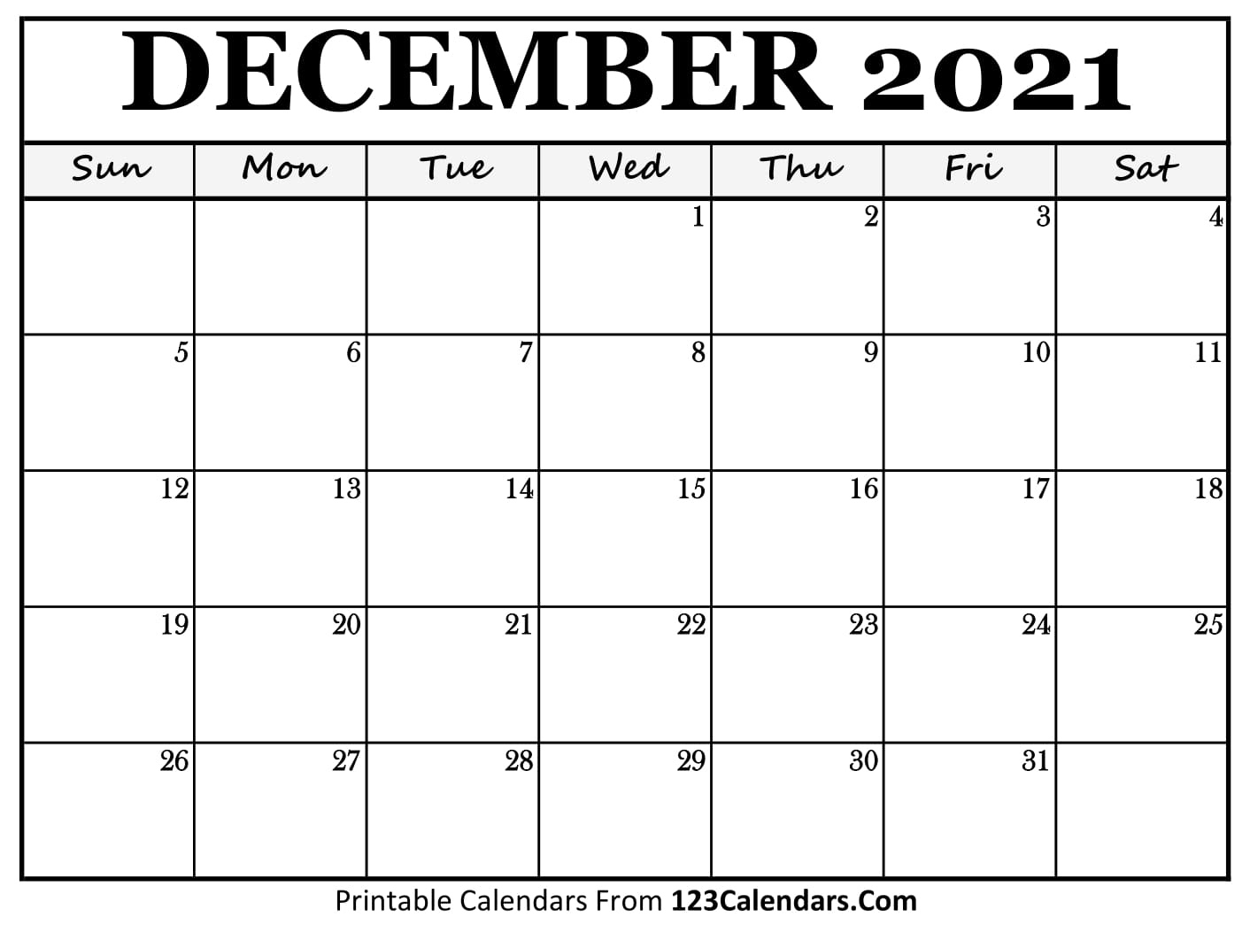 Printable December 2021 Calendar Templates - 123Calendars December 2021 Blank Calendar