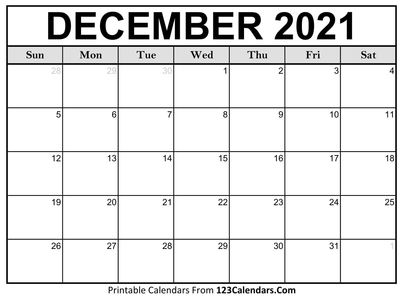Printable December 2021 Calendar Templates - 123Calendars December 2021 Day Calendar