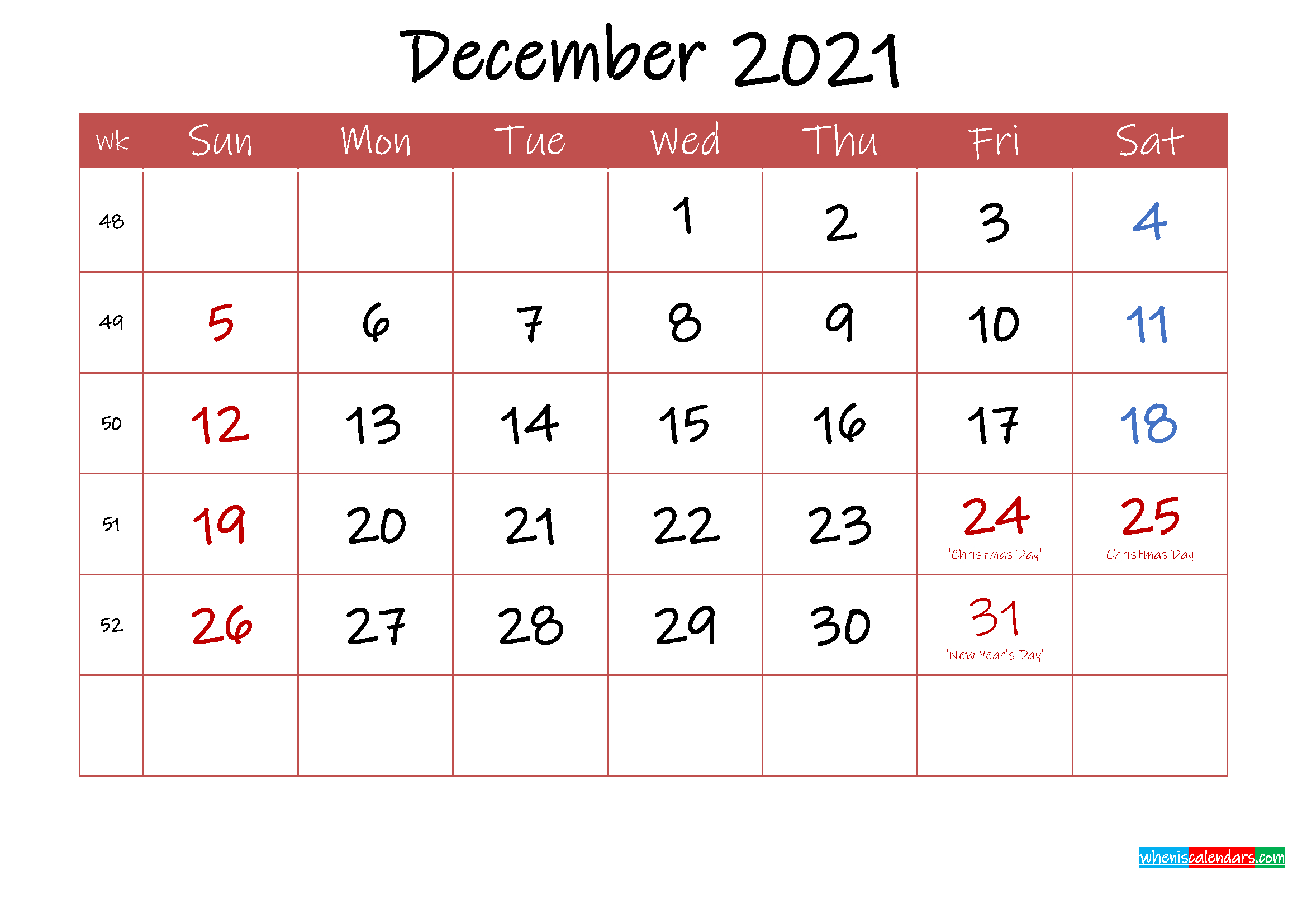 Printable December 2021 Calendar With Holidays - Template Printable December 2021 Calendar