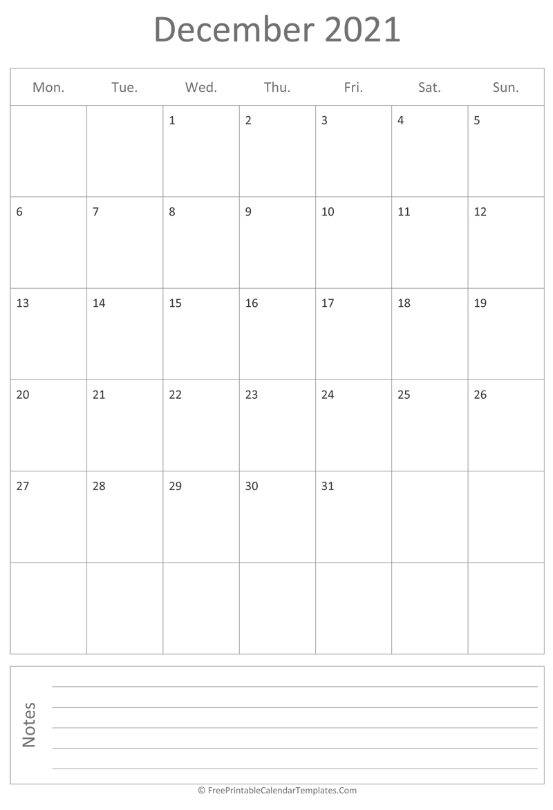 Printable December Calendar 2021 (Vertical) December 2021 Calendar Uk