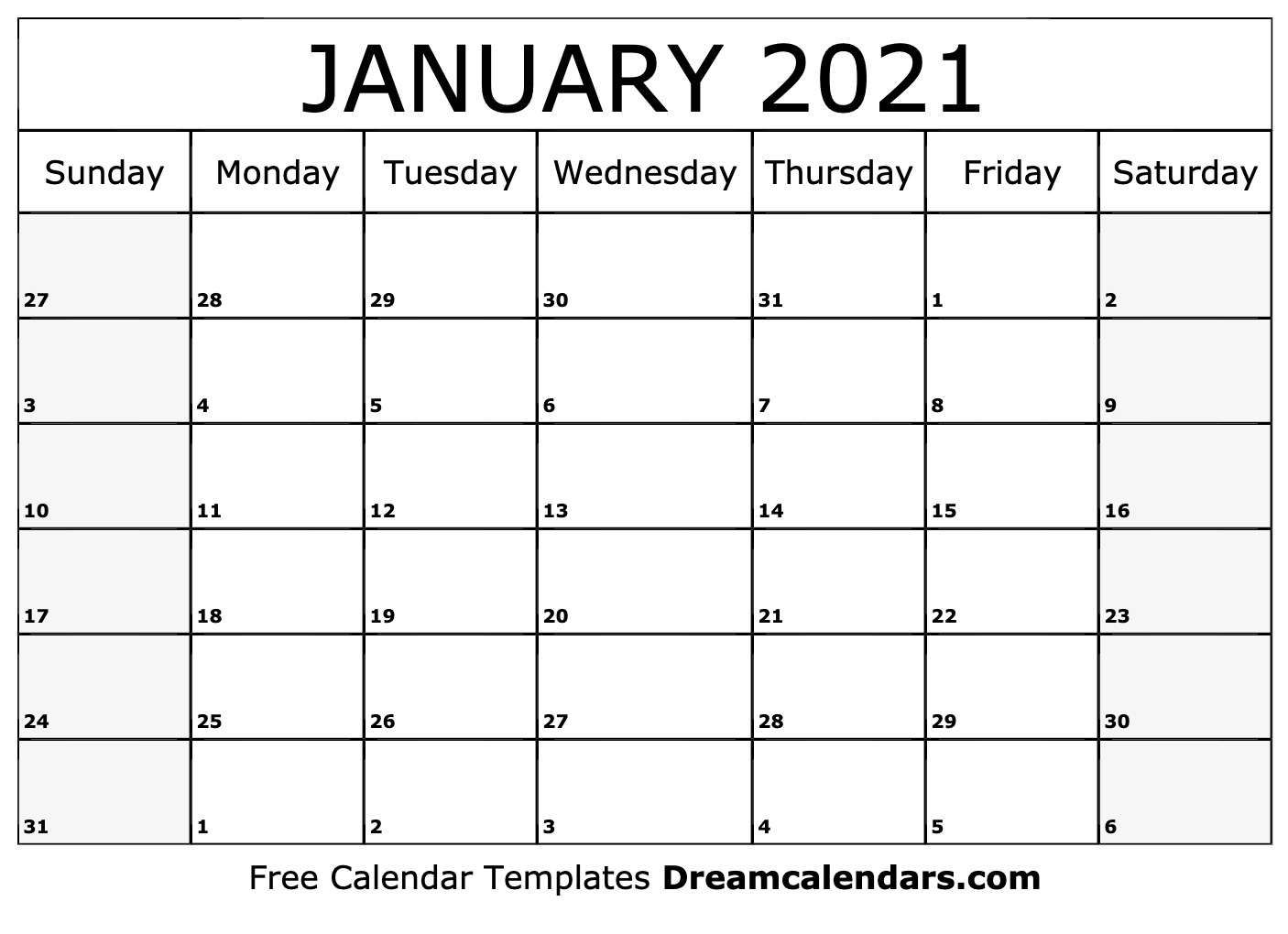 Printable January 2021 Calendar Blank Calendar December 2020 January 2021
