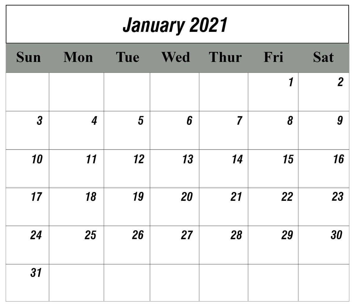 Printable January 2021 Calendar Template - Download Now January - December 2021 Calendar Printable