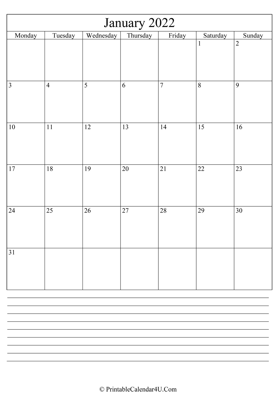 Printable January Calendar 2022 With Notes (Portrait) How Many Days Are In The Month Of December 2021 Calendar