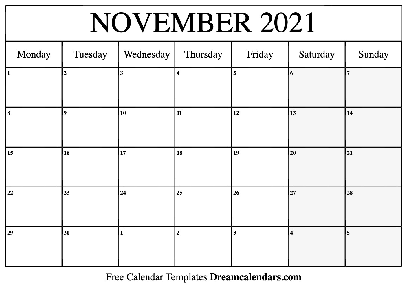 Printable November 2021 Calendar Blank November 2021 Calendar