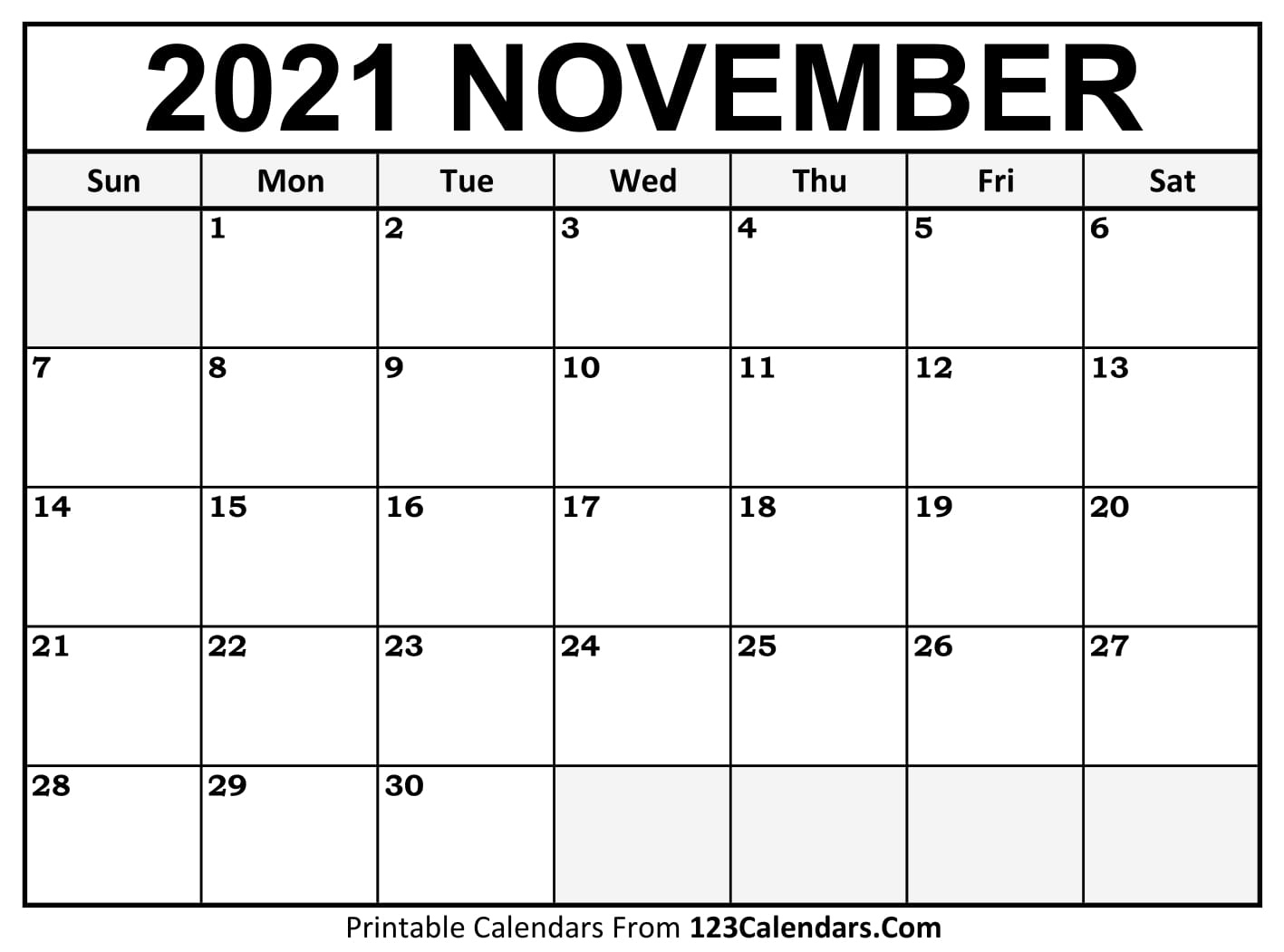 Printable November 2021 Calendar Templates - 123Calendars November 2021 Calendar Template