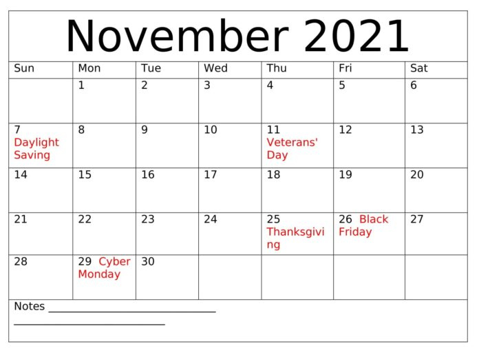 Printable November 2021 Calendar With Holidays November 2021 Calendar With Holidays Printable