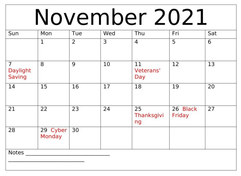 Printable November 2021 Calendar With Holidays November 2021 Calendar With Holidays
