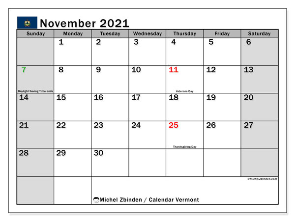 Printable November 2021 &quot;Vermont&quot; Calendar - Michel Zbinden En November 2021 Calendar Uk