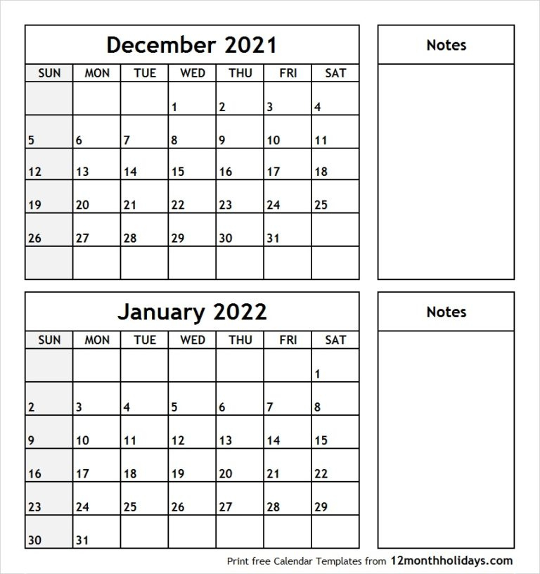 Printable Two Month Calendar December 2021 January 2022 2021 Monthly Calendar January To December 2021 Calendar Printable