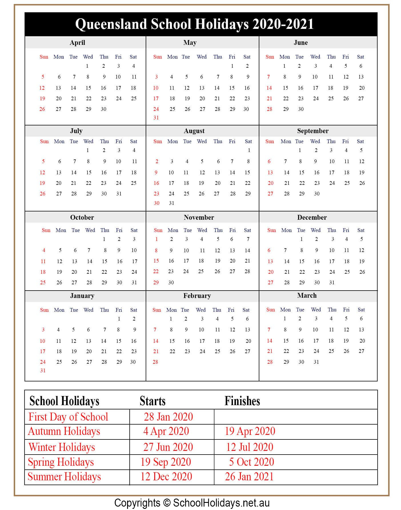Qld *School Holidays* 2020 [Queensland] ️ December 2021 Calendar Australia