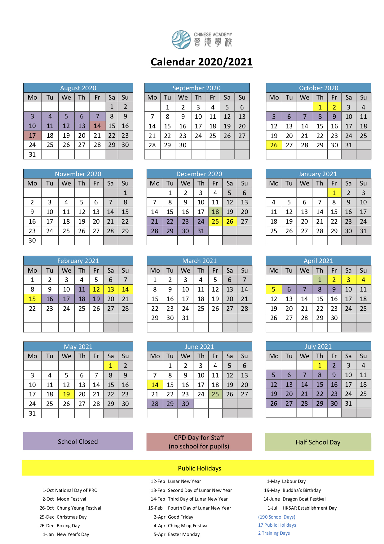 School Calendar 2020/2021 (Provisional) - International Chinese Calendar December 2021